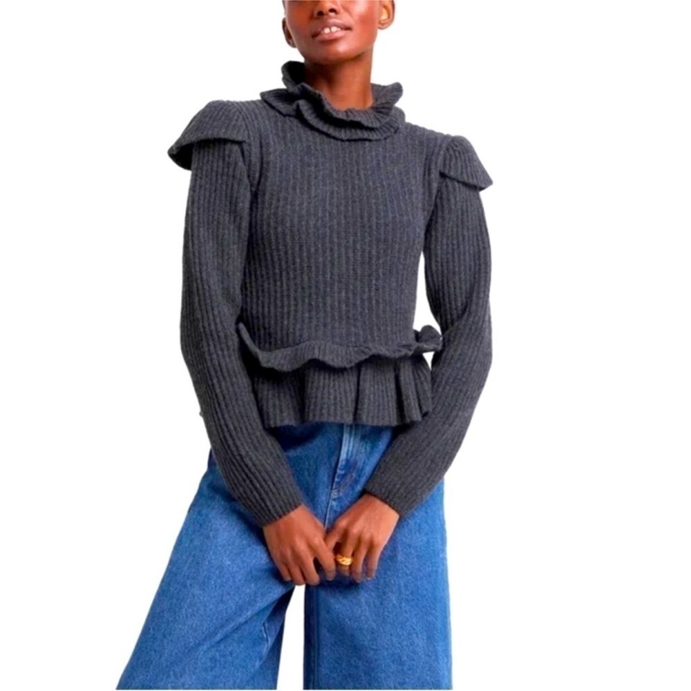 Ganni- Charcoal Grey Wool Longsleeve Cutout Ruffle Peplum Sweater